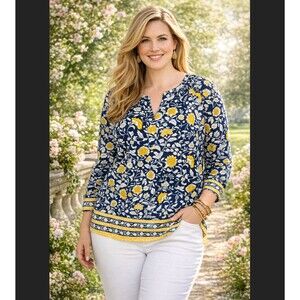 Talbots 1X Fabulous Floral Popover Top Split Neck Long Sleeve Navy Yellow Blouse